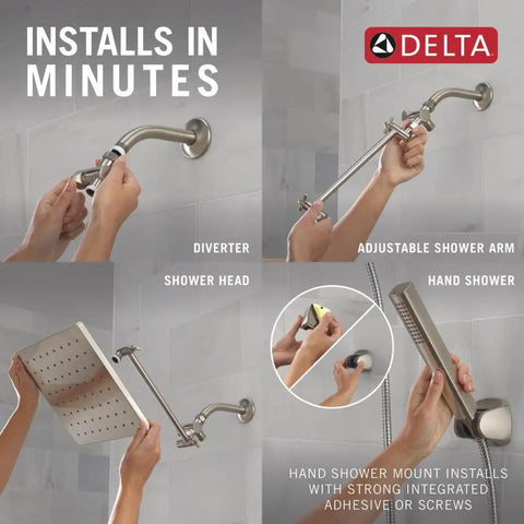 Top Shelf 10 Inch Square Raincan Shower Head With Handheld Duo In Slick Brushed Nickel Finish shows installation steps with diverter and adjustable arm.