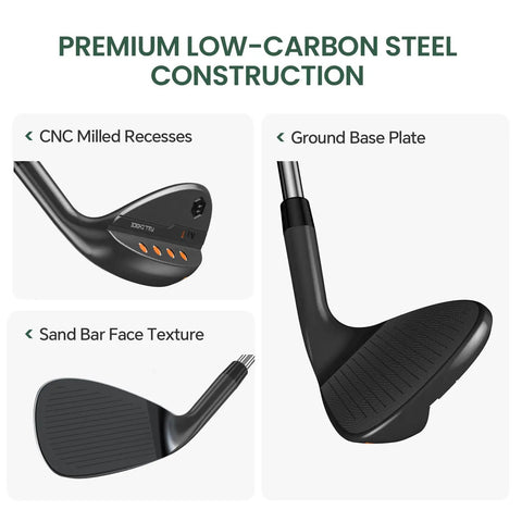 Close-up of CNC milled face on 52 56 60 degree wedge set for right-hand, low-carbon steel, premium construction, for control and spin.