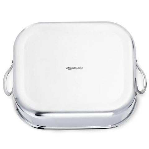 Heavy Gauge Stainless Steel Rectangular Roasting Pan With V Shape Rack Big Bird Turkey Roaster Oven Safe Dishwasher Ready 16 Inch with sturdy handles top view