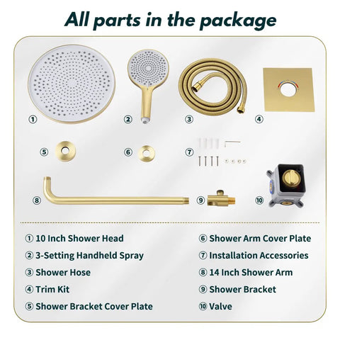 All parts of Brushed Gold Shower System With 12 Inch High Pressure Shower Head And 3 Setting Handheld Combo