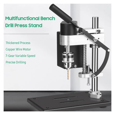 Compact Mag Drill Press Stand Kit Features 7 Gear Variable Speed Bench Top Drilling Machine with copper motor and thickened design.