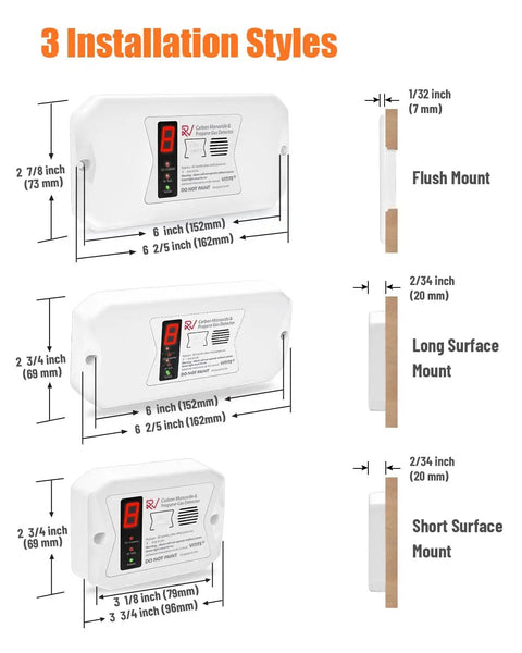Dual CO And LP Gas Detector For RVs With Digital Display, Hardwired 12V Alarm, illustrated in three installation styles