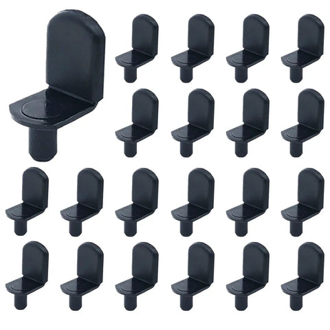 Rock Solid 80 Piece L Shaped Shelf Pegs For Kitchen Cabinets And Drawer Units Packed With Nonslip Rubber Sleeves Heavy Duty Quarter Inch Hole Retainers In Durable Matte Black Finish No Sweat Installation Every Time arranged in a grid.