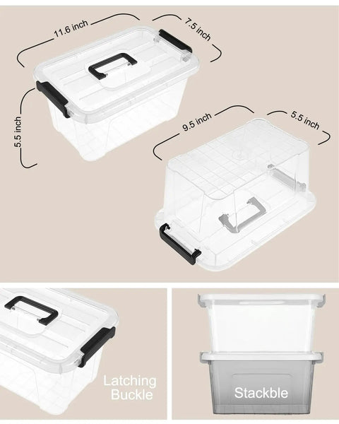 Clear Plastic Storage Bins With Lids 7 Quart Transparent Stackable Organization Containers Pantry Home And Office showing dimensions and latching lid.