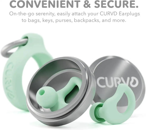 Game Changing Noise Blocking Earplugs Rated 28dB SNR Straight Up Comfy Reusable Silicone Earplug For Deep Sleep Road Noise Quieting Travel Focus Aid And Cool Mint Color, stored in aluminum case with mint silicone tip.