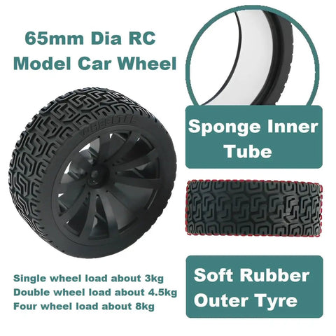 Two 65mm Large Load Bearing Rubber Tires With 6mm Bore Hex Shaft Couplings For RC Remote Control Cars showing sponge inner tube and soft rubber outer tire