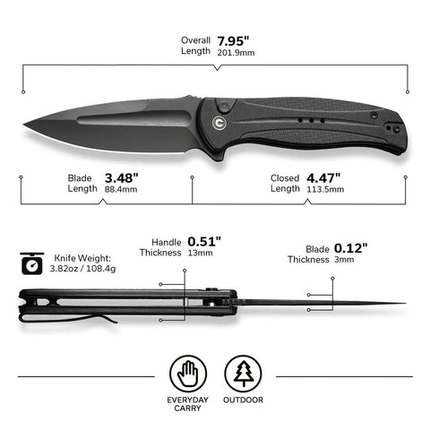 Premium Flipper Folding Pocket Knife Featuring A Razor Sharp 3.4 Inch 14C28N Swedish Steel Blade with machine milled handle dimensions.