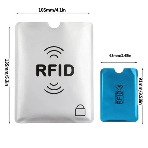 16 Piece RFID Blocking Sleeve Set With 12 Colorful Credit Card Protectors And 4 Passport Holders, Waterproof Aluminum Foil Wallet Shield To Stop Skimming And Electronic Theft On The Go, showing passport and card sleeve sizes