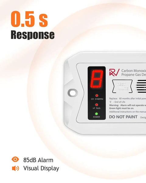 Dual CO And LP Gas Detector For RVs With Digital Display, Hardwired 12V Alarm, Surface Or Flush Mount, White with visible display