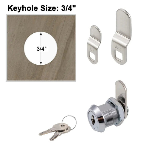 Built Tough Five Eighth Inch Cam Locks Keyed Alike Six Pack Zinc Chrome with 3/4 inch keyhole for drawers and cabinets.