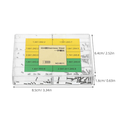 Top Shelf Watch Repair Screws Set Including Ten Precision Stainless Steel Micro Screws Flat Head Build For Watch Band Strap And Case Back Replacement Go To Kit For Watch Repair Guys in a clear storage box.