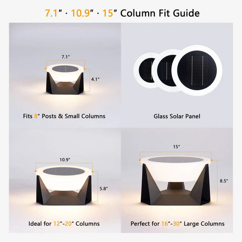 7.1", 10.9", 15" Column Fit Guide for Weather Resistant Solar Post Lights for Yard and Patio with durable solar panel.