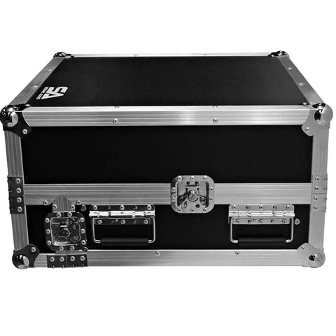 Professional Grade Heavy Duty Two Space Ata Equipment Case With Ten U Dj Mixing Console Top And Smooth Sliding Laptop Shelf, black laminate, side view.