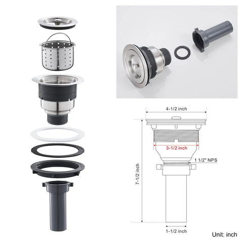 Exploded view sink strainer for Undermount Bar Sink 13 By 15 Inch Single Bowl For Prep Kitchen, 18 Gauge T304 Stainless Steel