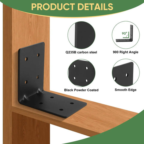 4 Pack 4x4x3 Inch Heavy Duty L Corner Brackets 3mm Thick Black Steel One Piece Molded Design Rock Solid Shelving Support showing smooth edges.