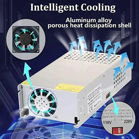 12V 100A 1200W Power Supply Adapter From AC 110V To DC 12V Converter Transformer showing cooling fan and heat dissipation