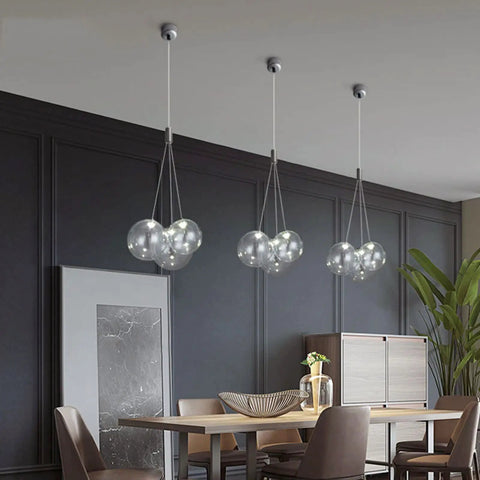 Lit Modern LED Glass Ball Pendant Light Fixture, 3 Light Cluster For Kitchen Island And Dining Room, Chrome Finish, over dining table