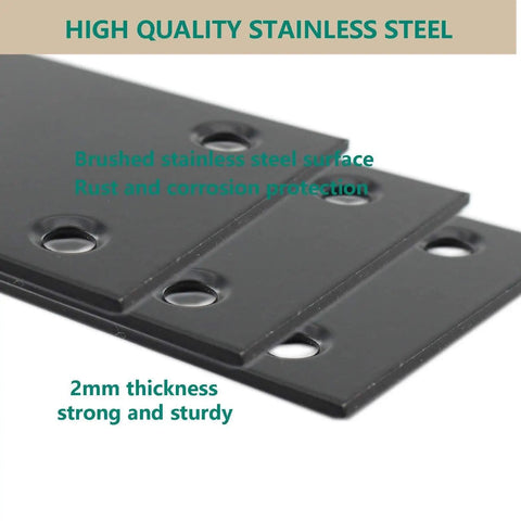 Close-up of Heavy Duty Black Metal Flat Straight Brace Brackets Set showing stainless steel material with holes and 2mm thickness.
