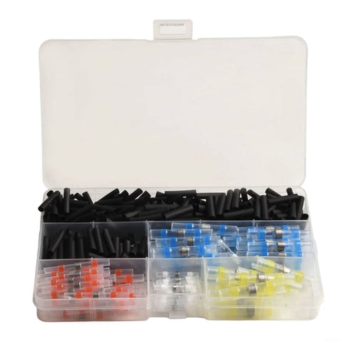 Top Notch Heat Shrink Solder Wire Connectors Kit With 300 Waterproof Butt Terminals And Seal Sleeves For Marine Auto Electrical Cable Splice In Vibrant Red Blue White Yellow Black Assorted Sizes To Fix Any Messy Wiring Job. Assorted heat shrink solder connectors in storage case