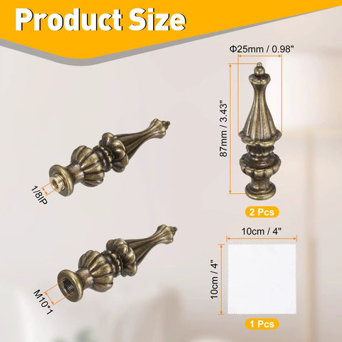 2 Pieces Bronze Lamp Finials 3.4 Inch Tall with Cleaning Cloth for Table and Floor Lamps, Retro Vibe, Dual-Thread Design