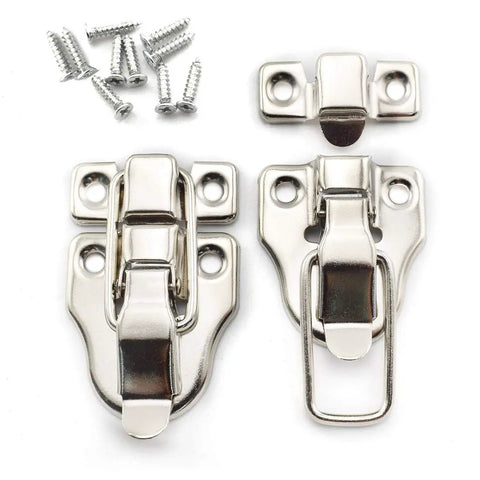 Antique Duckbilled Toggle Latch 2 Pack With Screws for wooden boxes showing silver iron latches and screws
