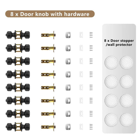 8 Pack Privacy Door Knobs Matte Black Keyless Interior Passage Lockset hardware shown with latches and screws