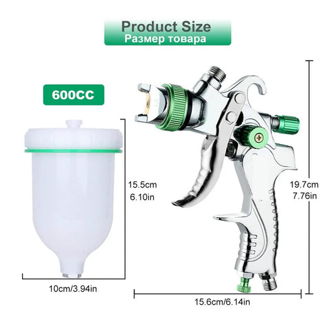 Slick Handheld Airbrush Kit Featuring Heavy Duty Pneumatic Spray Gun With Adjustable Nozzle For Smooth Car Painting Furniture Prep And Clear Coat Finish On Any Project dimensions with 600cc cup and spray gun details.
