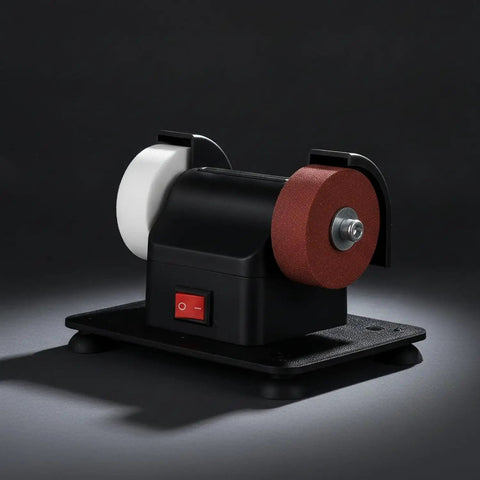 Compact Bench Top Grinder With Rock Solid Base Dual Sharpening Wheels, corded with black body and red/white wheels for home and light industry tasks.