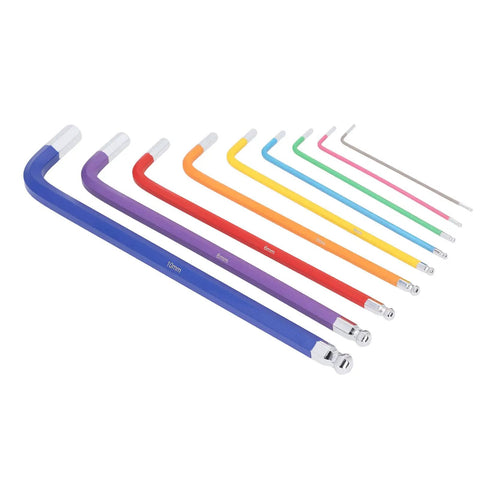 Solid Multi Color Hex Wrench Set With Long Arms For Tight Spots, CR V Steel Heavy Duty 9 Piece Key Kit Perfect For DIY Repairs And Garage Projects. 10mm to 2mm colored wrenches on white background