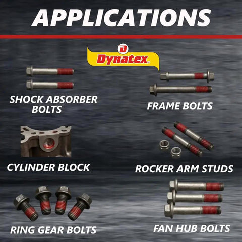 Red High Strength Threadlocker for shock absorber, frame bolts, cylinder block, rocker arm studs, ring gear, fan hub bolts.