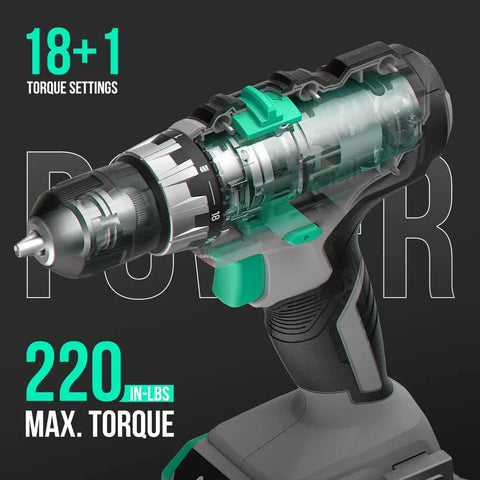 Cutaway view of 20V Cordless Drill and Impact Driver Combo Kit With 220 InLbs Drill Torque 1150 InLbs Impact Torque All Metal Keyless Chuck.
