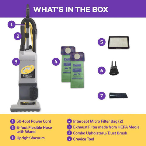 ProForce 1200XP Heavy Duty Commercial Upright Vacuum Cleaner With Dual Motor, Powerful Suction, Bagged Design, Advanced ProLevel Filtration And Hepa Media For Industrial Hotels Offices And Retail Spaces, showing box contents including power cord and filter bags.