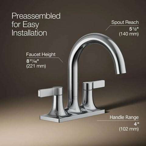 Venza Centerset Bathroom Faucet With Two Lever Handles, 3 Hole Sink Faucet, 5.5 Inch Spout Reach, Polished Chrome Finish, 0.5 GPM Water Saver At 60 PSI shown with dimensions.