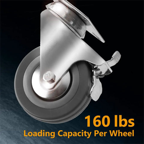 Heavy Duty 3 Inch Swivel Caster Wheels Equipped With Lock Down Dual Brakes And Roll Smooth Gray Rubber Tires For Tough Furniture Cart Dolly And Workbench Builds, showing gray rubber wheel with 160 lb capacity.