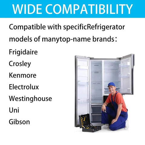 Premium Refrigerator Evaporator Fan Motor Kit Replacement For Electrolux Frigidaire 120V 60Hz shown with technician and fridge