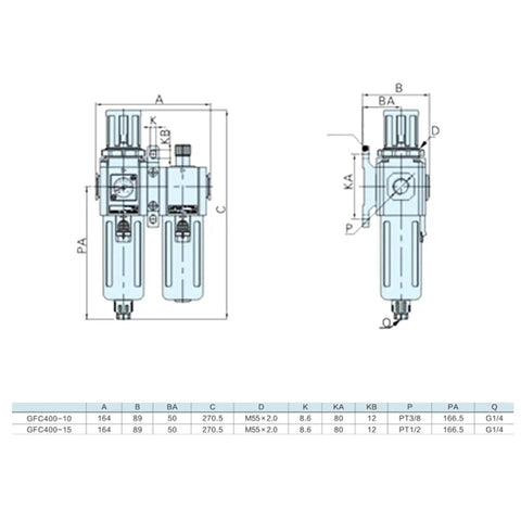 Technical diagram of Heavy Duty 3 In 1 Pneumatic Air Filter Regulator Lubricator Combo With Water Oil Trap Separator dimensions.