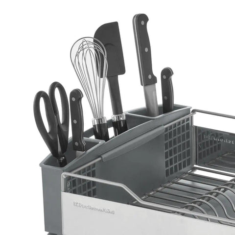 Full Size Countertop Dish Rack Heavy Duty Organizer With Angled Draining Surface Removable Utensil Basket showing utensils.