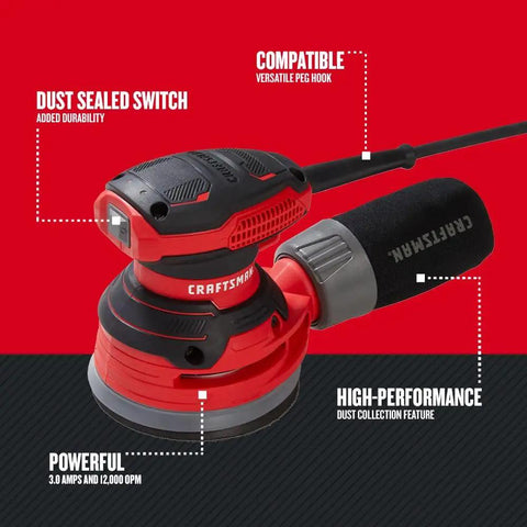 Beast 5 Inch Orbital Sander With 12000 OPM, 3 Amp corded hand sander with dust bag and dust sealed switch on red background