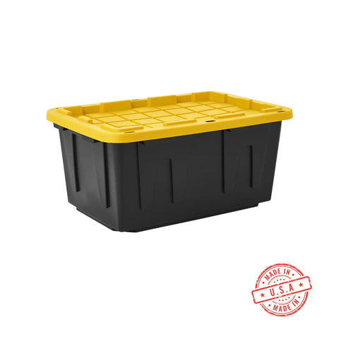 Tough As Nails Heavy Duty Storage Totes With Lids 27 Gallon black plastic bin with yellow lid for garage and basement organization.