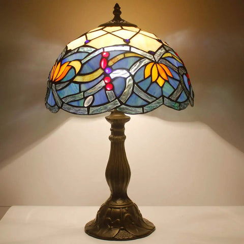 Tiffany Style Stained Glass Table Lamp Blue Lotus Aesthetic Bedside Light For Desk And Reading