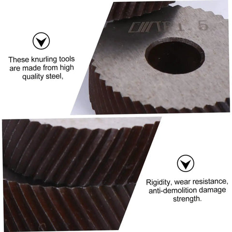 Close-up of 3 Piece No Frills Shop Gear Knurling Tool Set For Lathe Machines With Diagonal Cut Wheels, showcasing textured steel design.