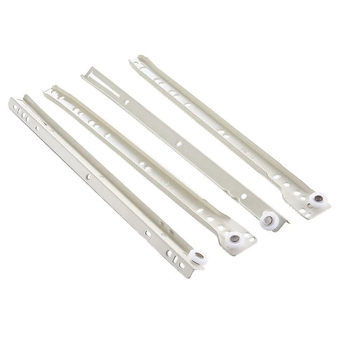 Smooth As Butter White Roller Drawer Slides, Bottom Mount Partial Extension Runners with Quiet Glide, 14 Inch Length parts laid flat