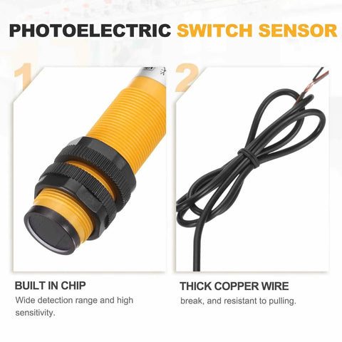 Plug And Play Industrial Grade Diffuse Reflection Photoelectric Sensor with 10 cm Detection Range, yellow sensor and wire close-up.