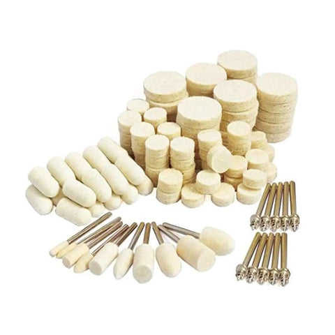 Built Tough Wool Buffing Wheels And Grinding Heads With Point Mandrel Kit For Rotary Tools Heavy Duty Felt Polishing Pads, various sizes shown.