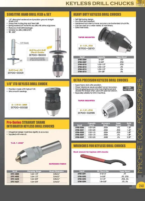 Catalog page featuring various keyless drill chucks and accessories with specifications and images.