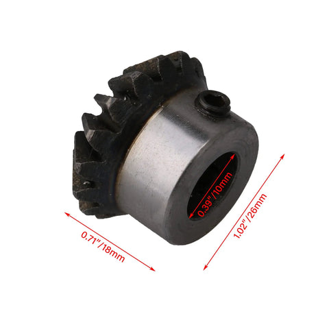Bevel Gear Wheel Made From 45 Steel With 16 Teeth, 1.5 Module, 10mm Bore, 25.5mm Outer Diameter And 18mm Thickness. Side view.