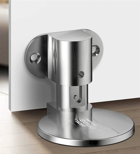 Invisible Metal Magnetic Door Catch Stops Keep Doors From Slamming Shut With Strong Hold For Bedrooms Bathrooms Offices And Homes In Cool Black Finish close-up of sleek metal latch on wall