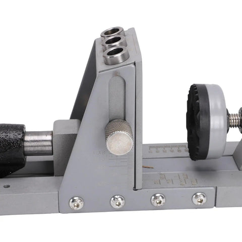 Workhorse Pocket Hole Jig Kit Built With Solid Aluminum Alloy Chassis and Adjustable 15 Degree Drill Locator close-up view of jig components.