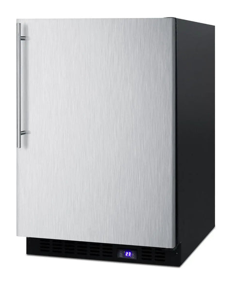 Top Notch Frost Free Undercounter Upright Freezer With Slick Stainless Body, front view, digital temperature display, compact design.