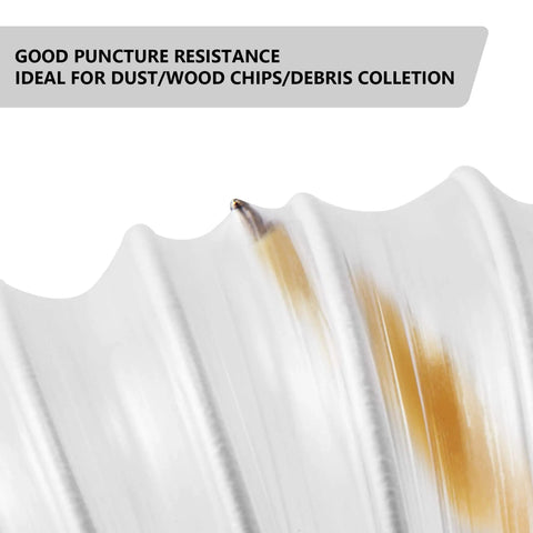 Close-up of puncture-resistant Beefy Heavy Duty Two And A Half Inch Clear PVC Dust Collection Hose with visible wood chip.